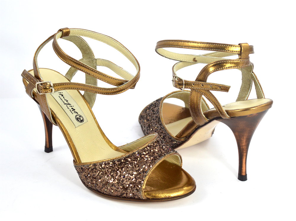 Γυναικείο παπούτσι tango open heel από μπρονζέ δέρμα και glitter