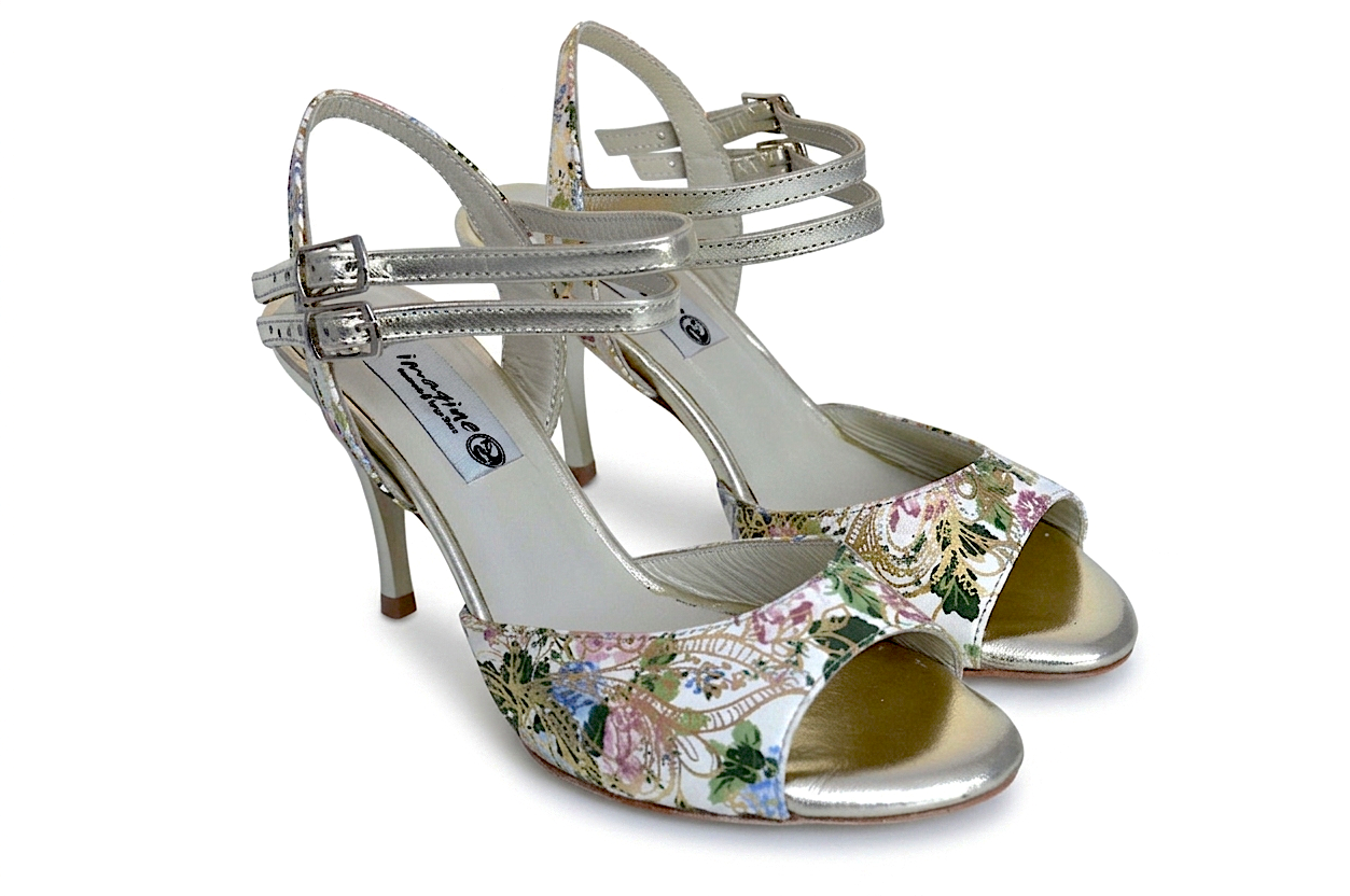 Women's tango shoes, open heel, in combination of a unique multi-coloured leather and gold leather