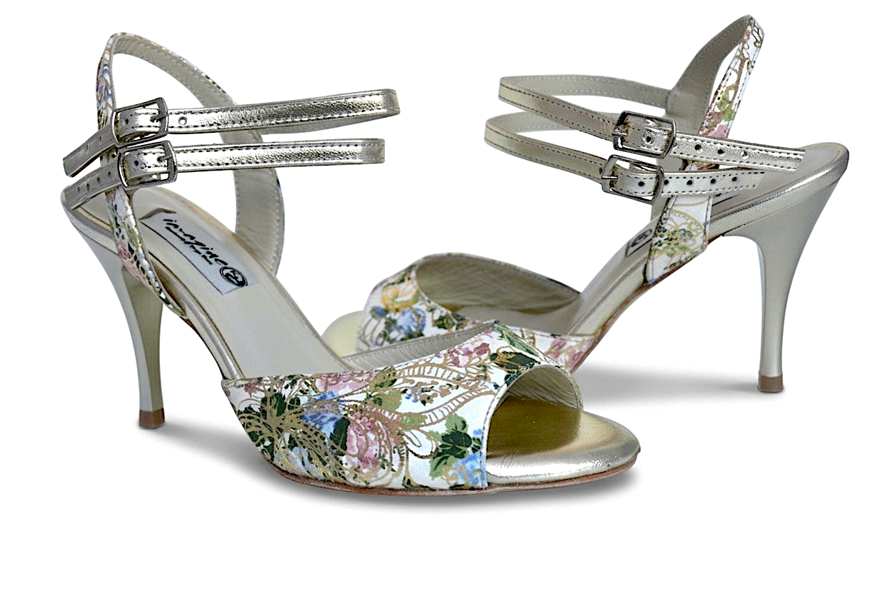 Women's tango shoes, open heel, in combination of a unique multi-coloured leather and gold leather