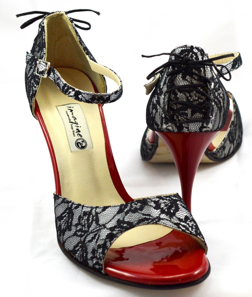 Women's Tango Shoe, open toe style, with black lace and red patent leather