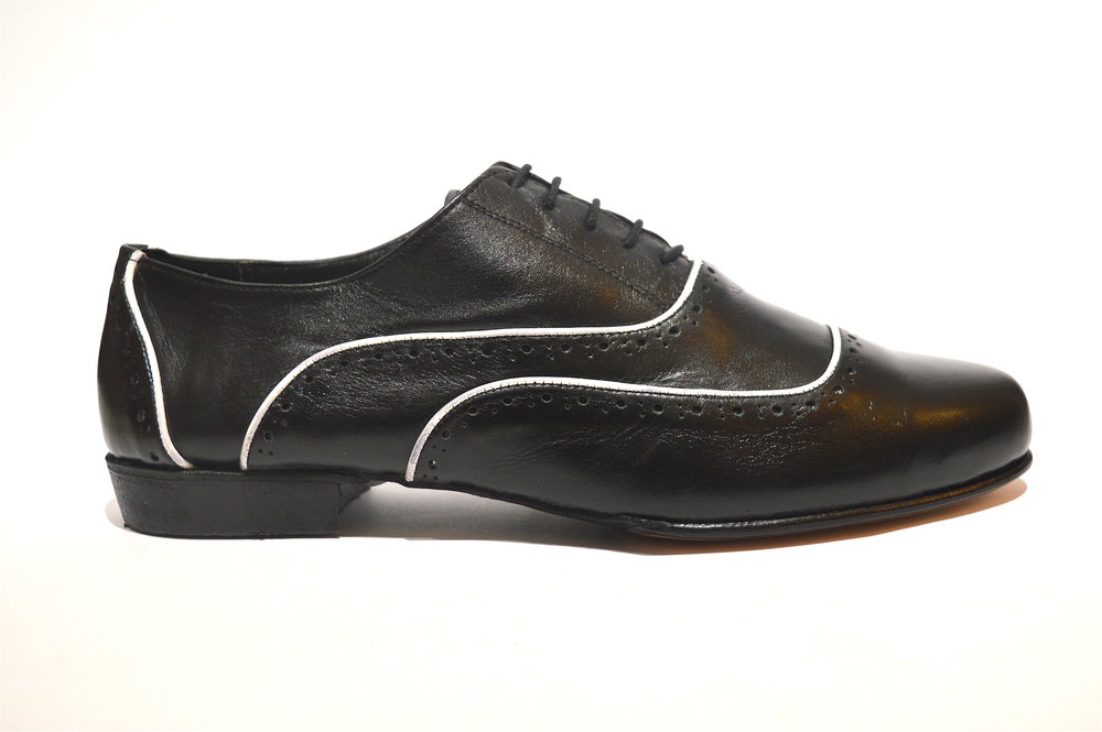 Men argentine tango dance shoes by soft black leather and white seams