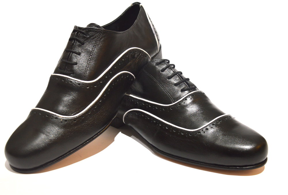 Men argentine tango dance shoes by soft black leather and white seams