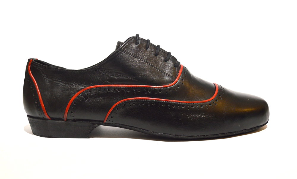 Men argentine tango dance shoes by soft black leather and red seams