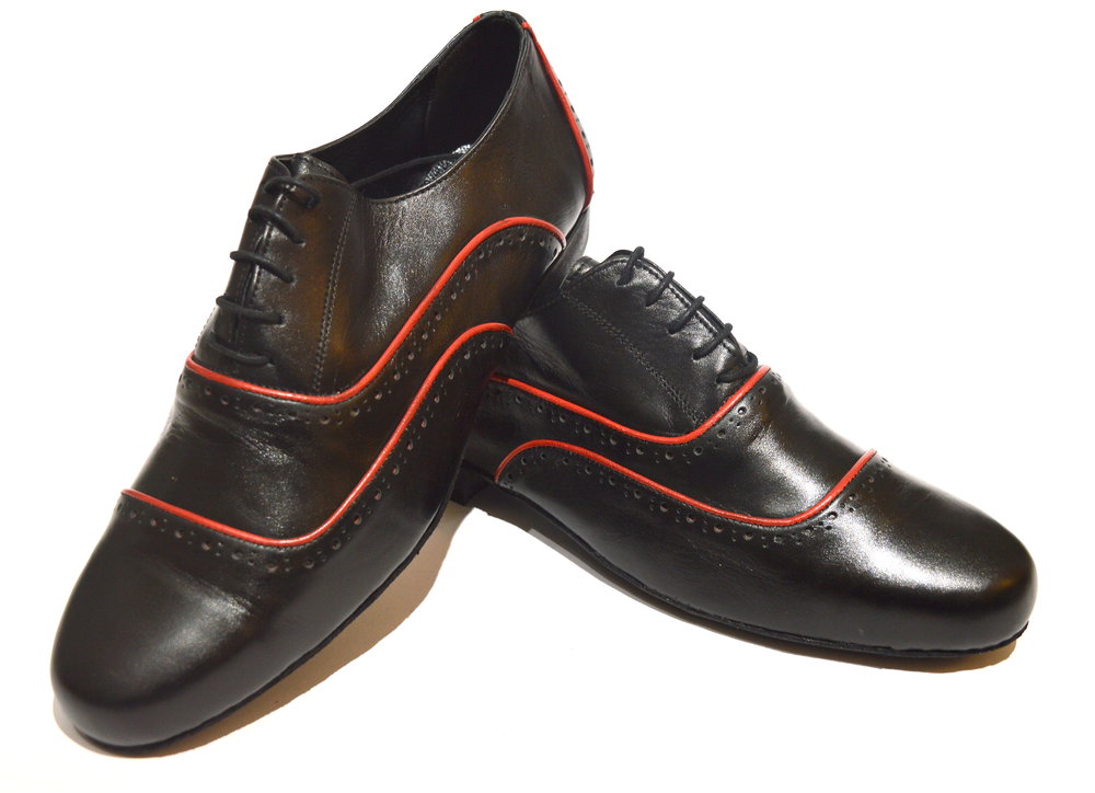 Men argentine tango dance shoes by soft black leather and red seams