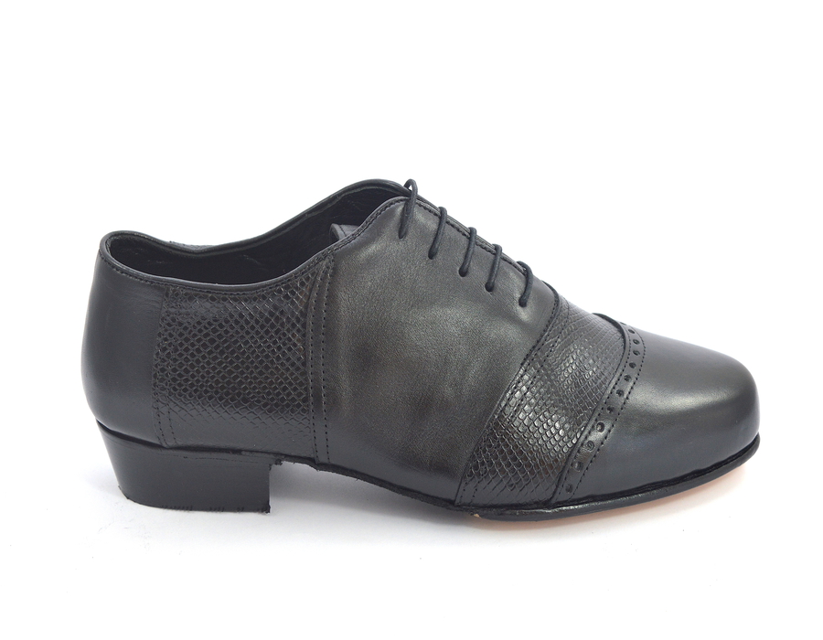 Men tango shoe by soft black leather and black snake leather