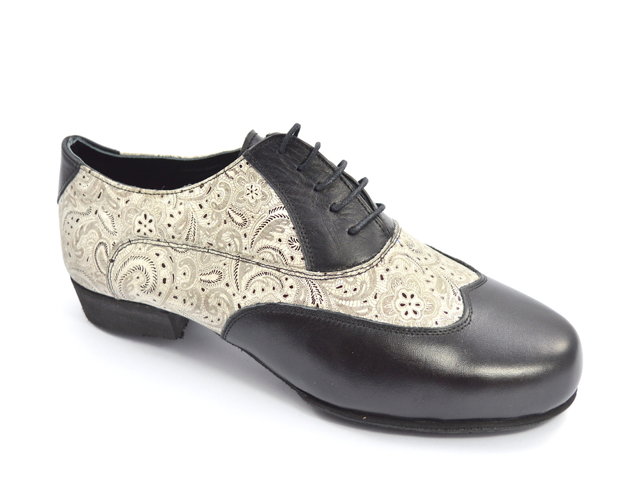 Men tango shoes by soft black leather and beige paisley leather