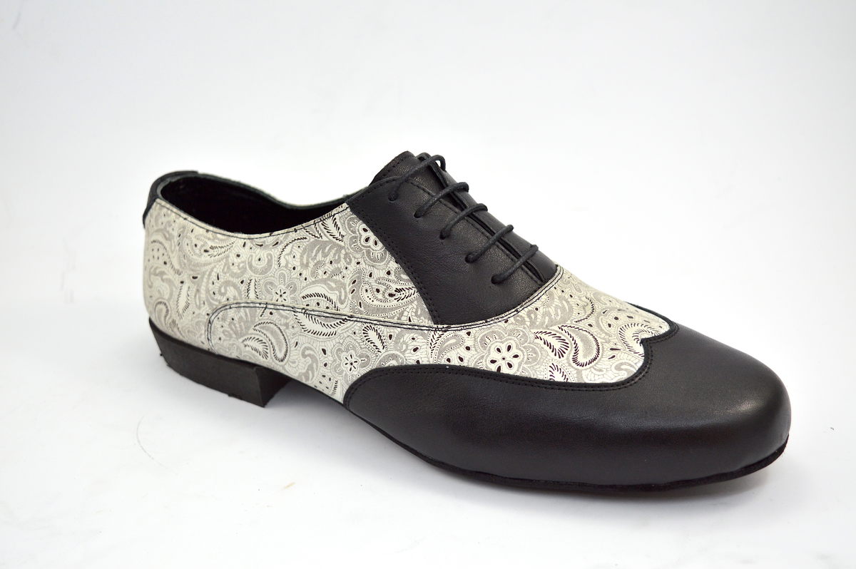 Men tango shoes by soft black leather and beige paisley leather
