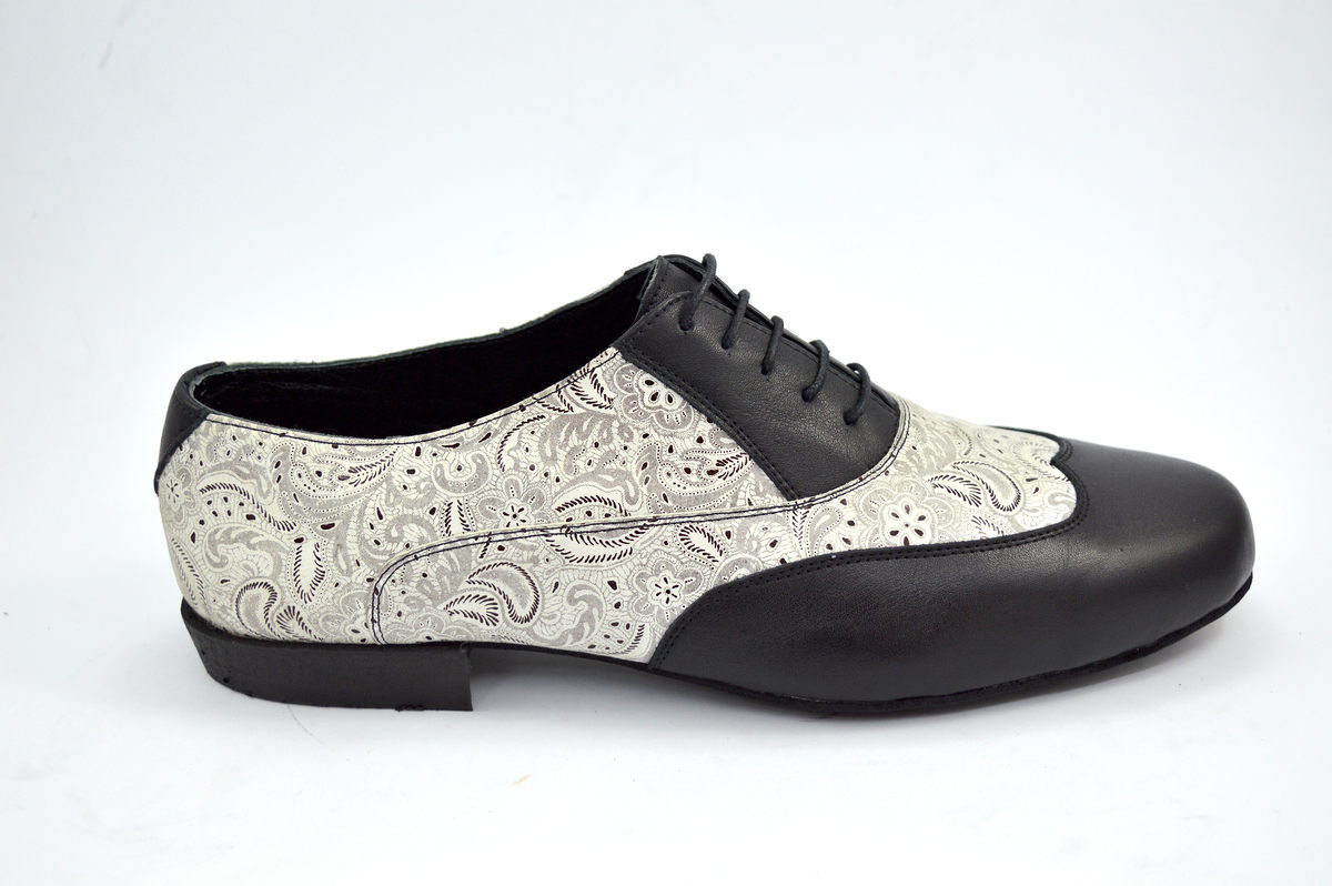 Men tango shoes by soft black leather and beige paisley leather