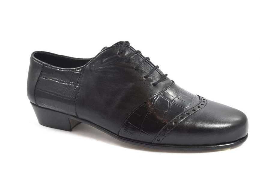 Ανδρικό παπούτσι τάνγκο από μαλακό μαύρο δέρμα ματ και μαύρο κροκό δέρμα