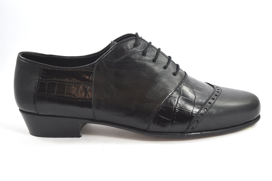 Ανδρικό παπούτσι τάνγκο από μαλακό μαύρο δέρμα ματ και μαύρο κροκό δέρμα