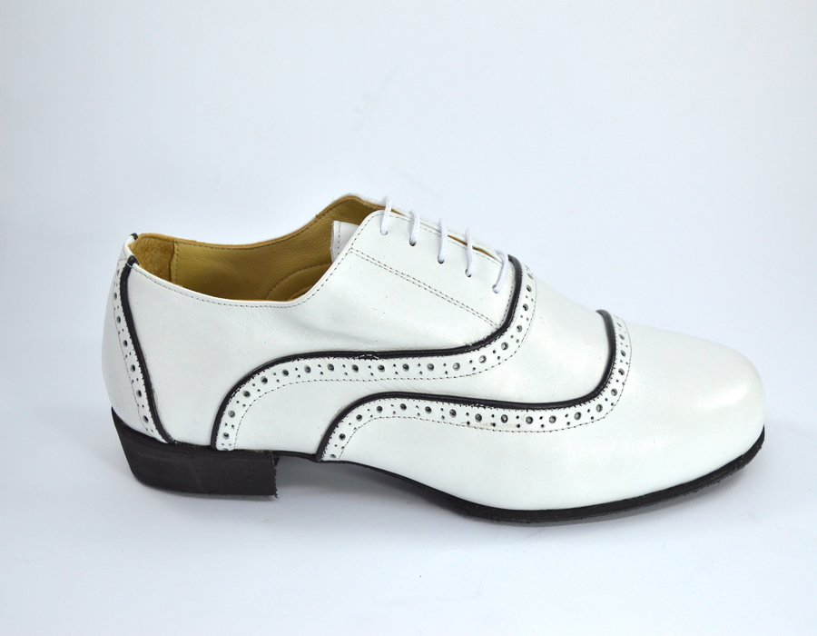 Men argentine tango dance shoes by white leather and black deco-lines