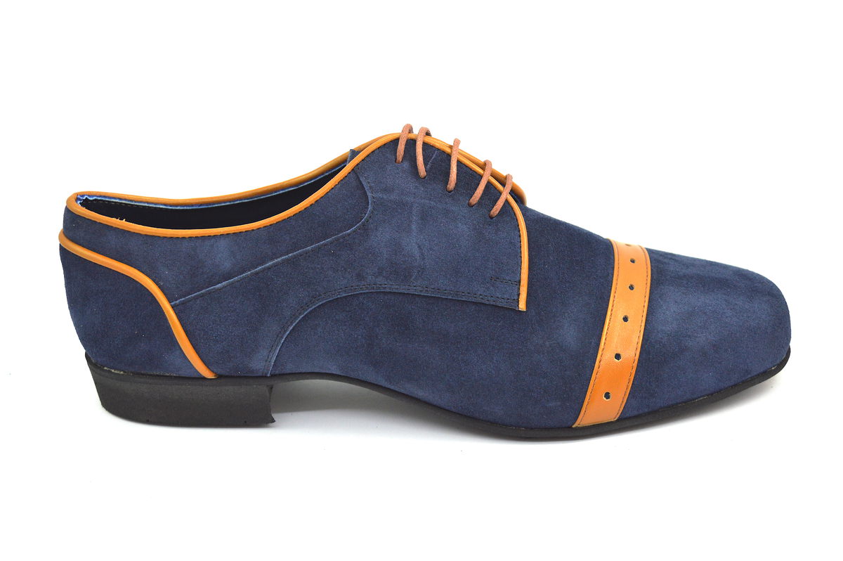 Men tango shoe by blue suede leather and tabac leather
