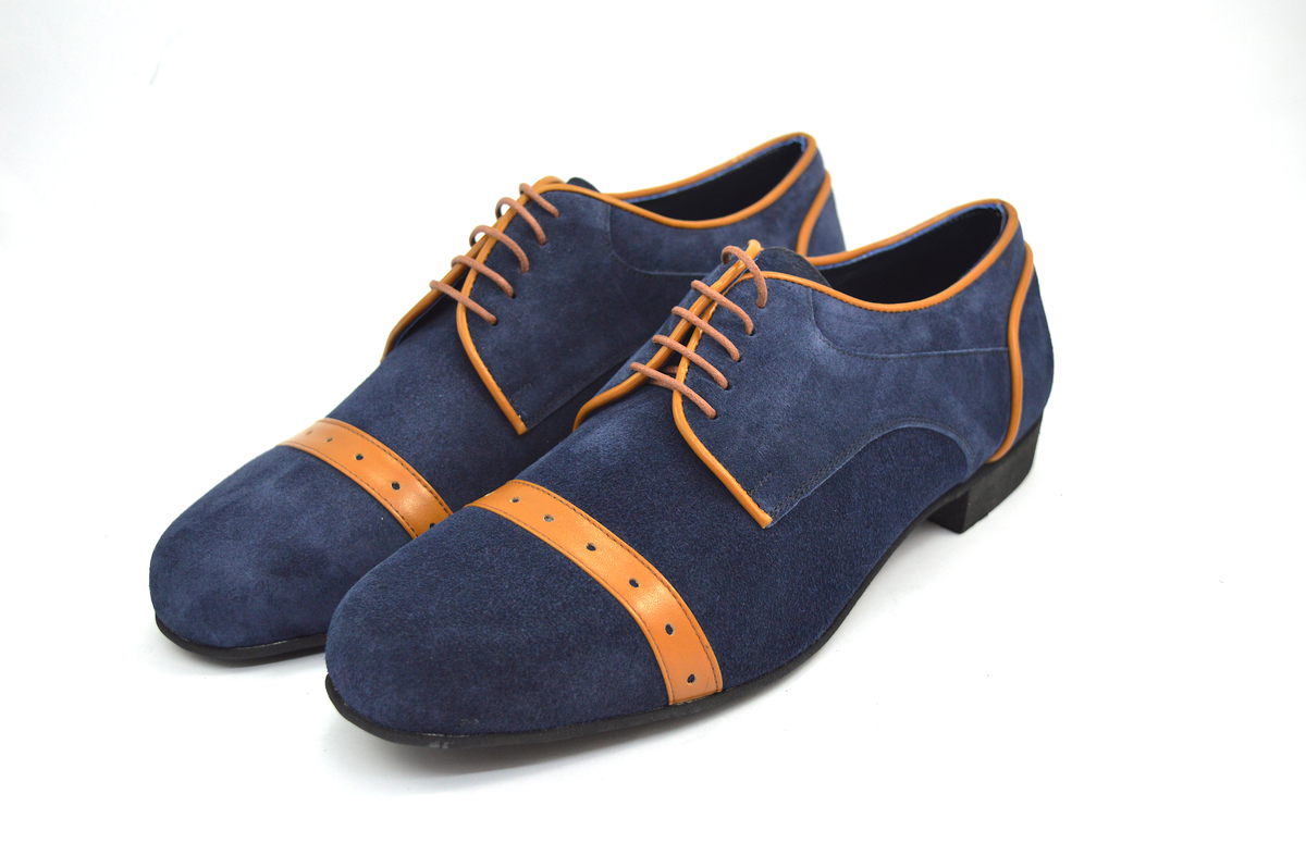 Men tango shoe by blue suede leather and tabac leather
