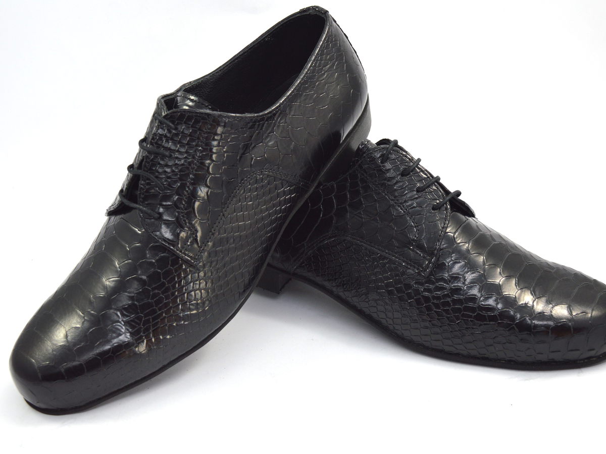 Men tango shoe in black faux snakeskin leather
