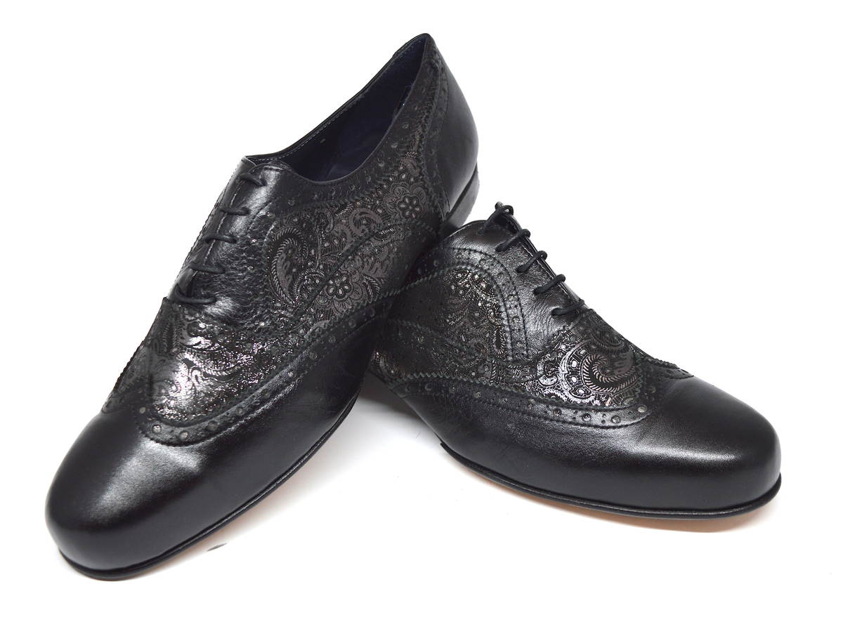 Men tango shoes by soft black leather and silver paisley leather