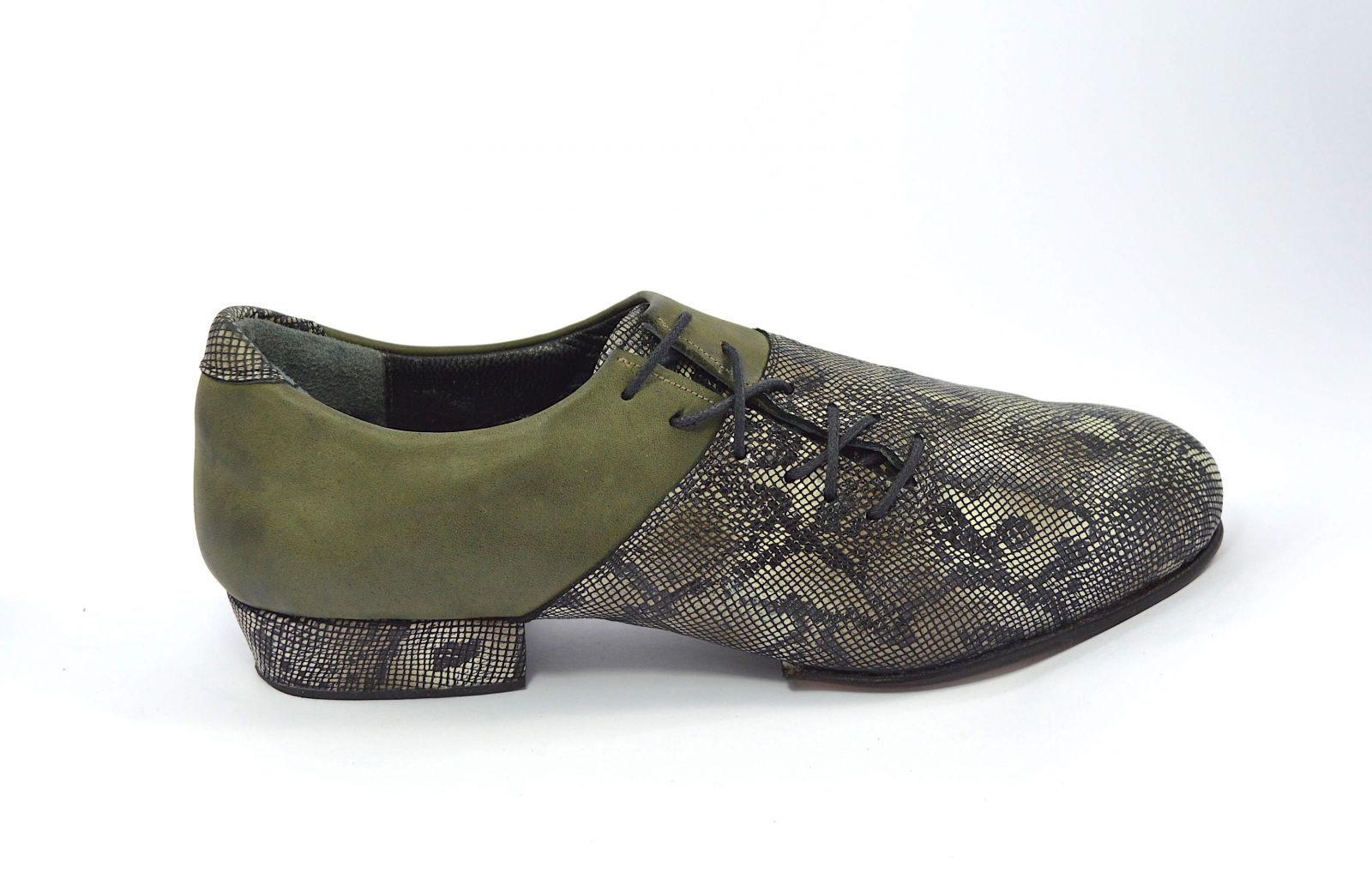 Men argentine tango dance shoes in soft black-beige faux snake leather and soft olive green leather