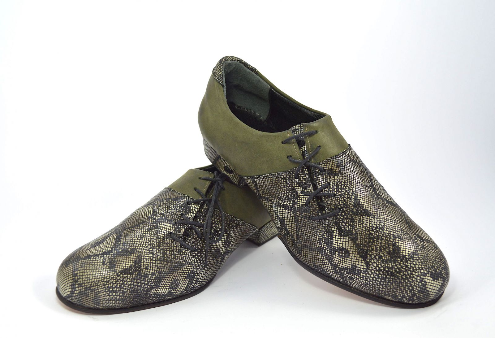 Men argentine tango dance shoes in soft black-beige faux snake leather and soft olive green leather