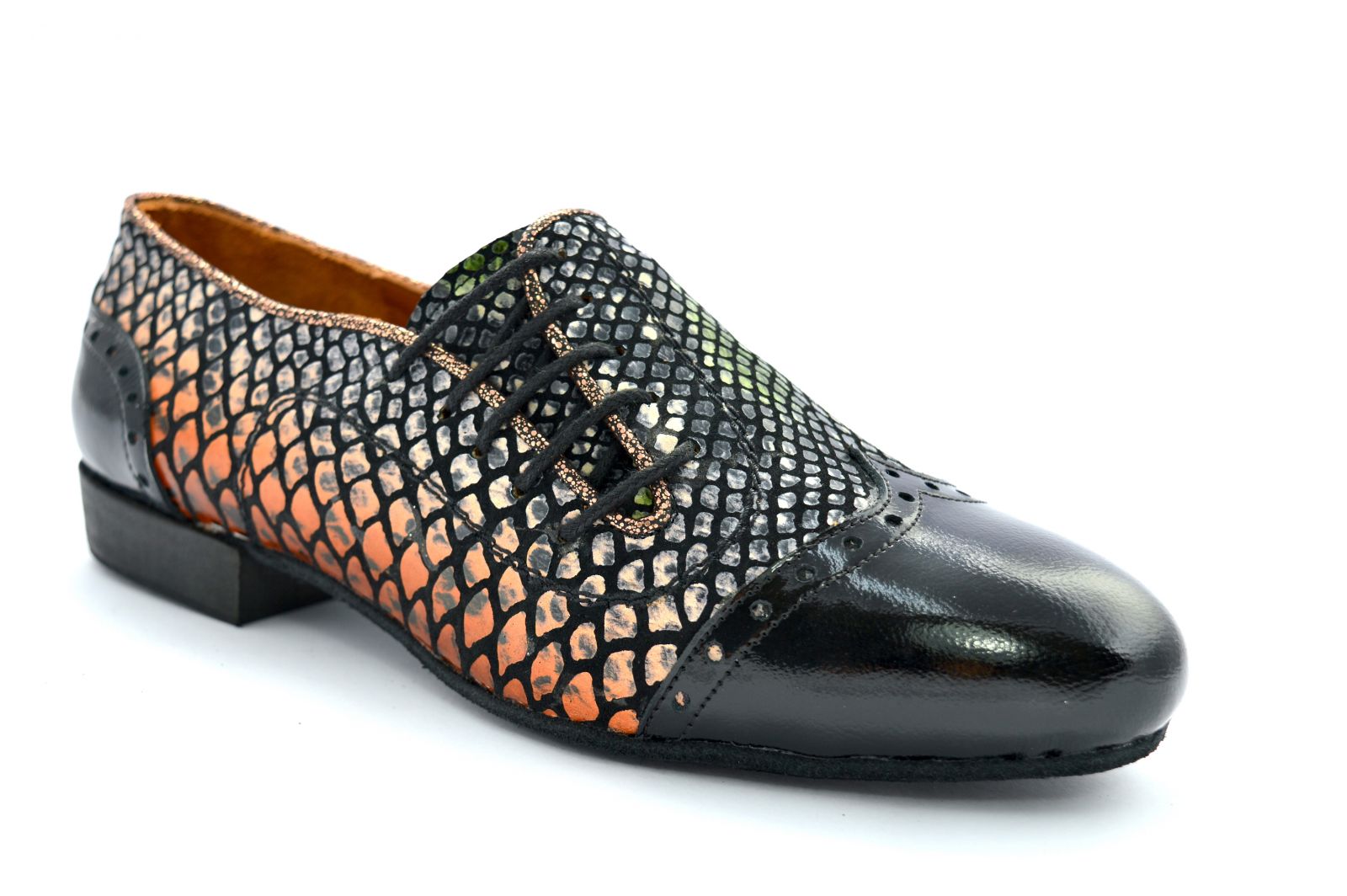 Men argentine tango dance shoes in soft multi-coloured faux snake leather and black patent leather