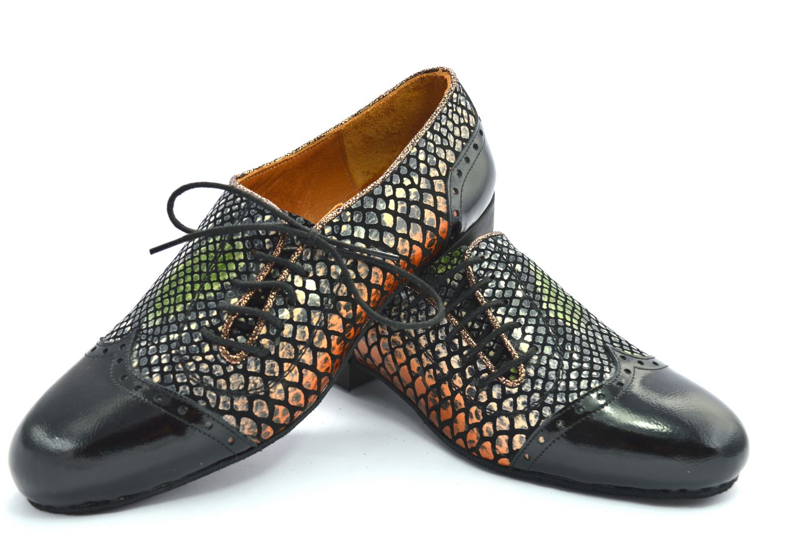 Men argentine tango dance shoes in soft multi-coloured faux snake leather and black patent leather