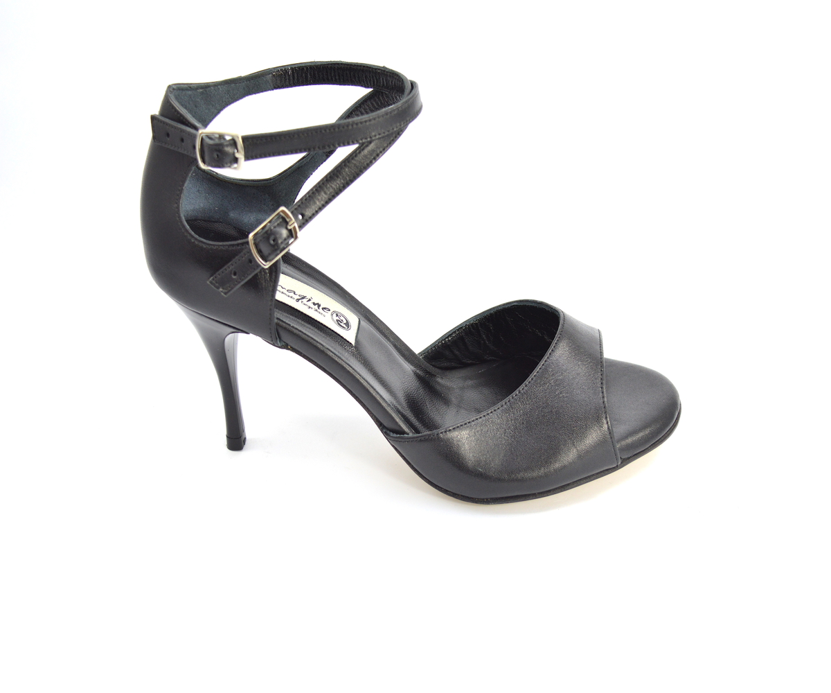 Women Tango Shoes , open toe style, in black soft calf leather and double straps