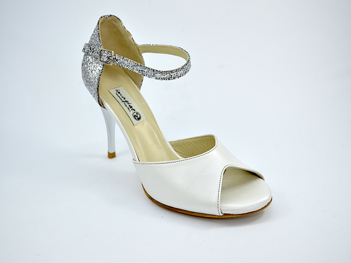 Women's Bridal and Tango Shoe, with white pearl leather and silver glitter