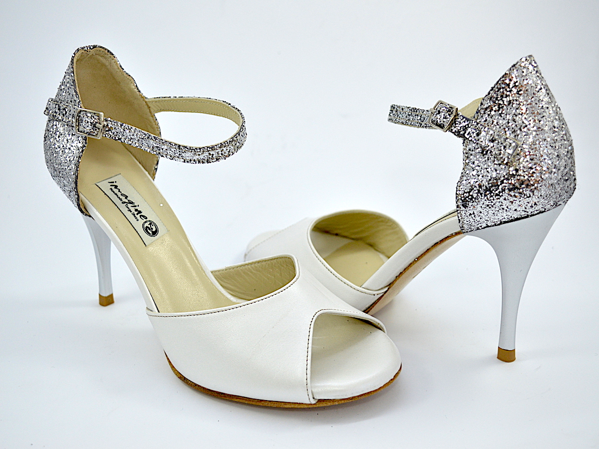 Women's Bridal and Tango Shoe, with white pearl leather and silver glitter
