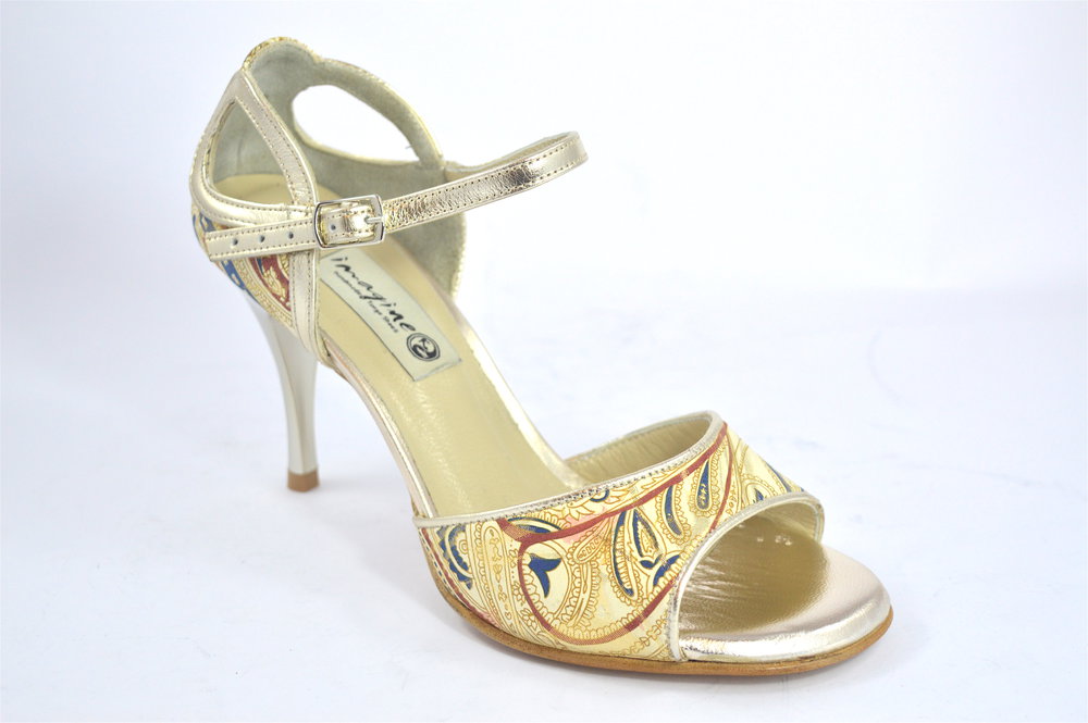 Women argentine tango dance shoes, in Paisley beige and gold leather