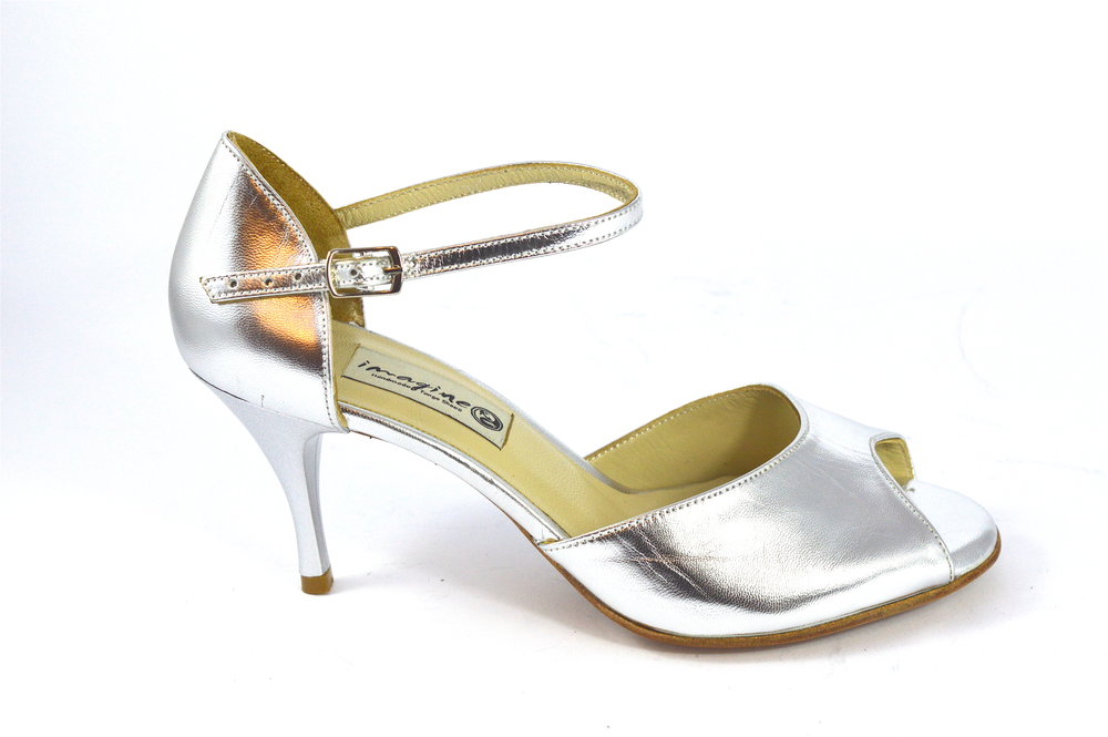 Women's Tango Shoe, peep toe style, with silver soft leather