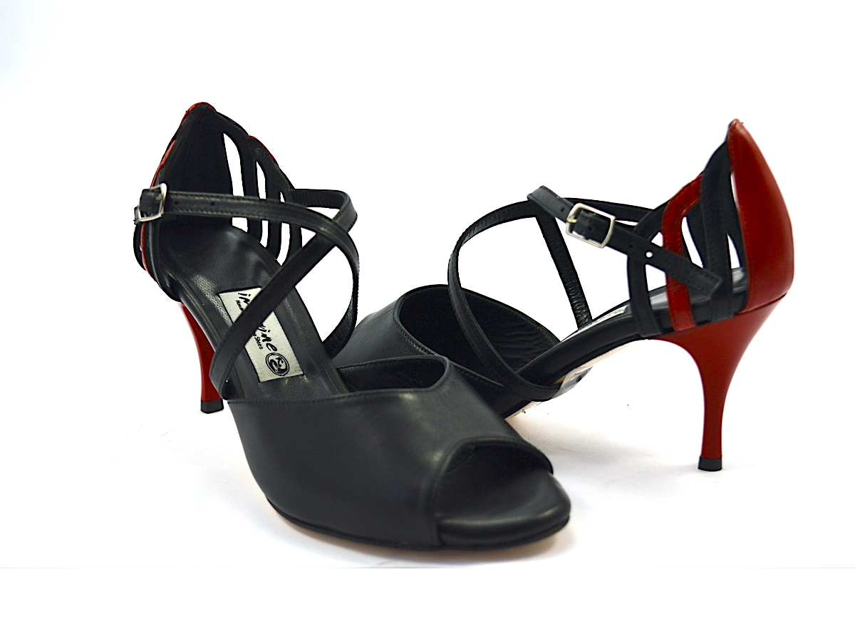 Women's tango shoe, peep toe, with black and red soft leather