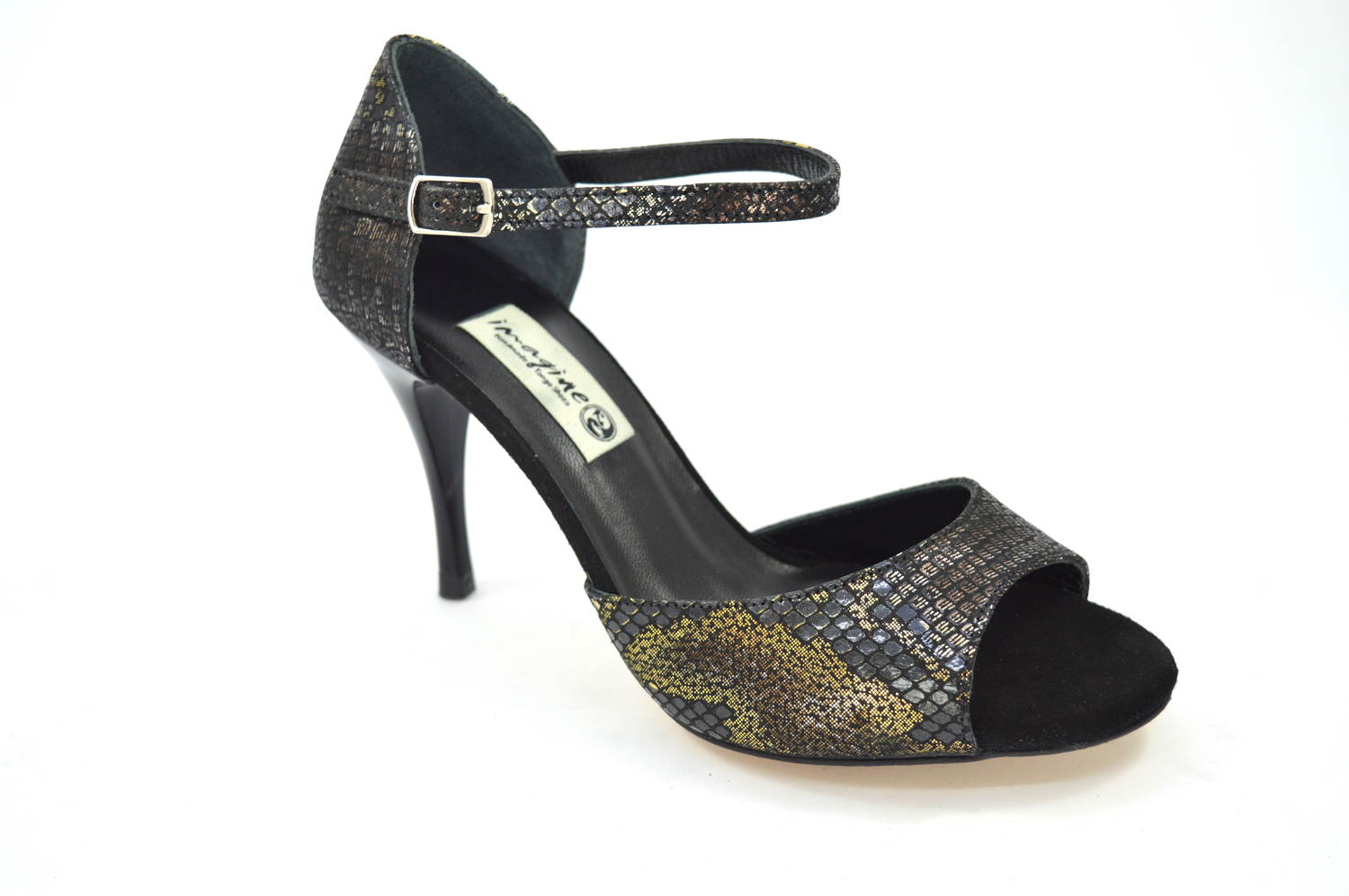 Women Tango shoes, Open Toe in combination of impressive black-grey-silver snake leather and rose-gold leather