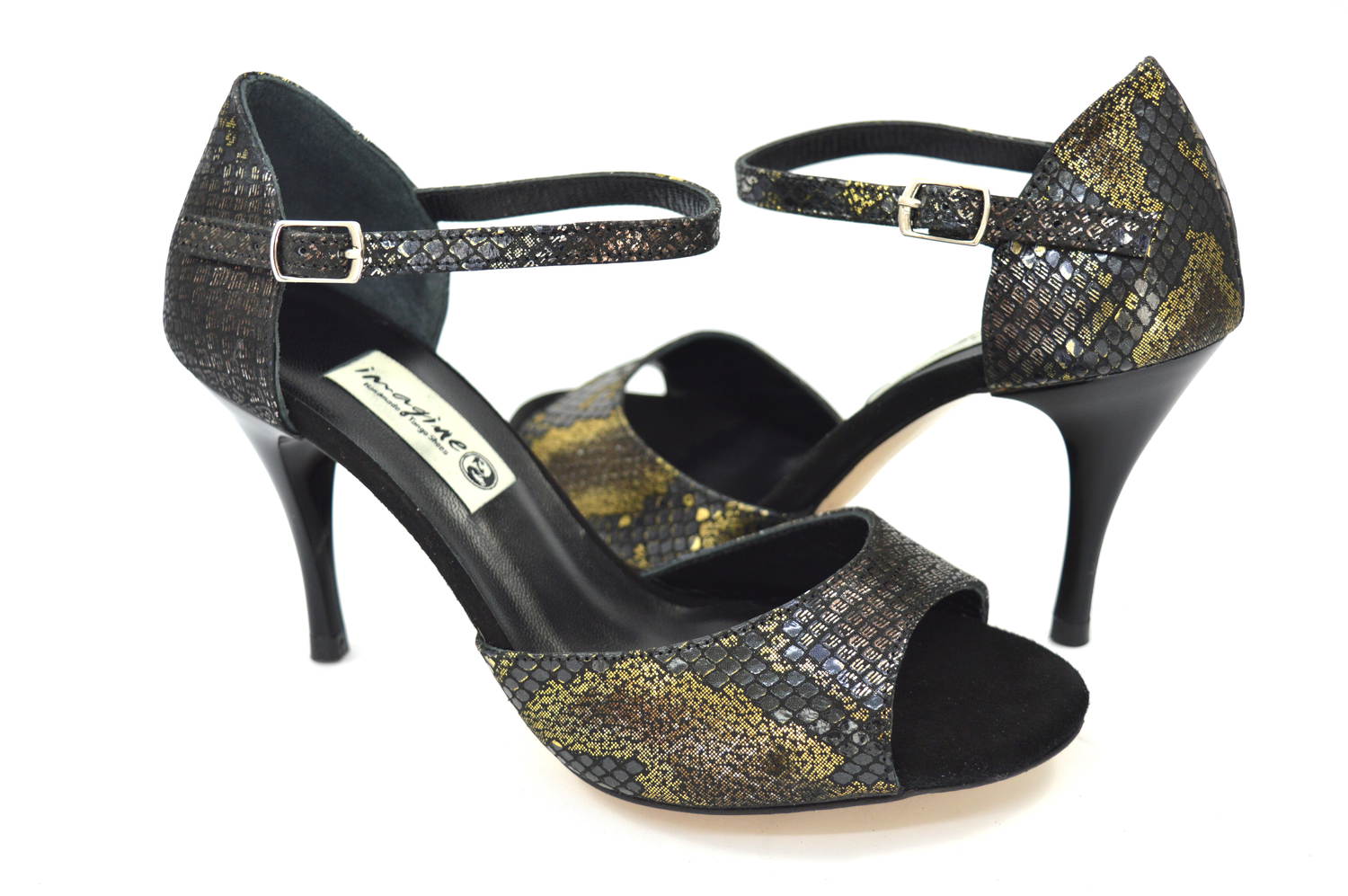 Women Tango shoes, Open Toe in combination of impressive black-grey-silver snake leather and rose-gold leather