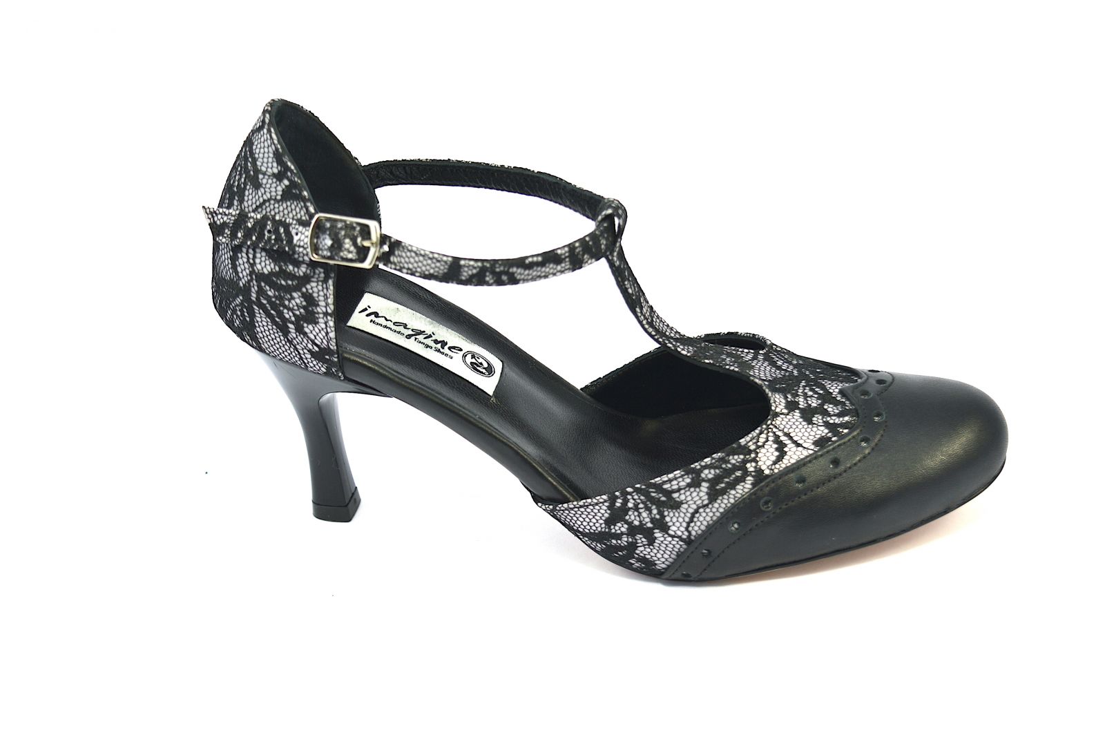 Women's Tango Shoe, closed toe style, with black lace and black soft leather