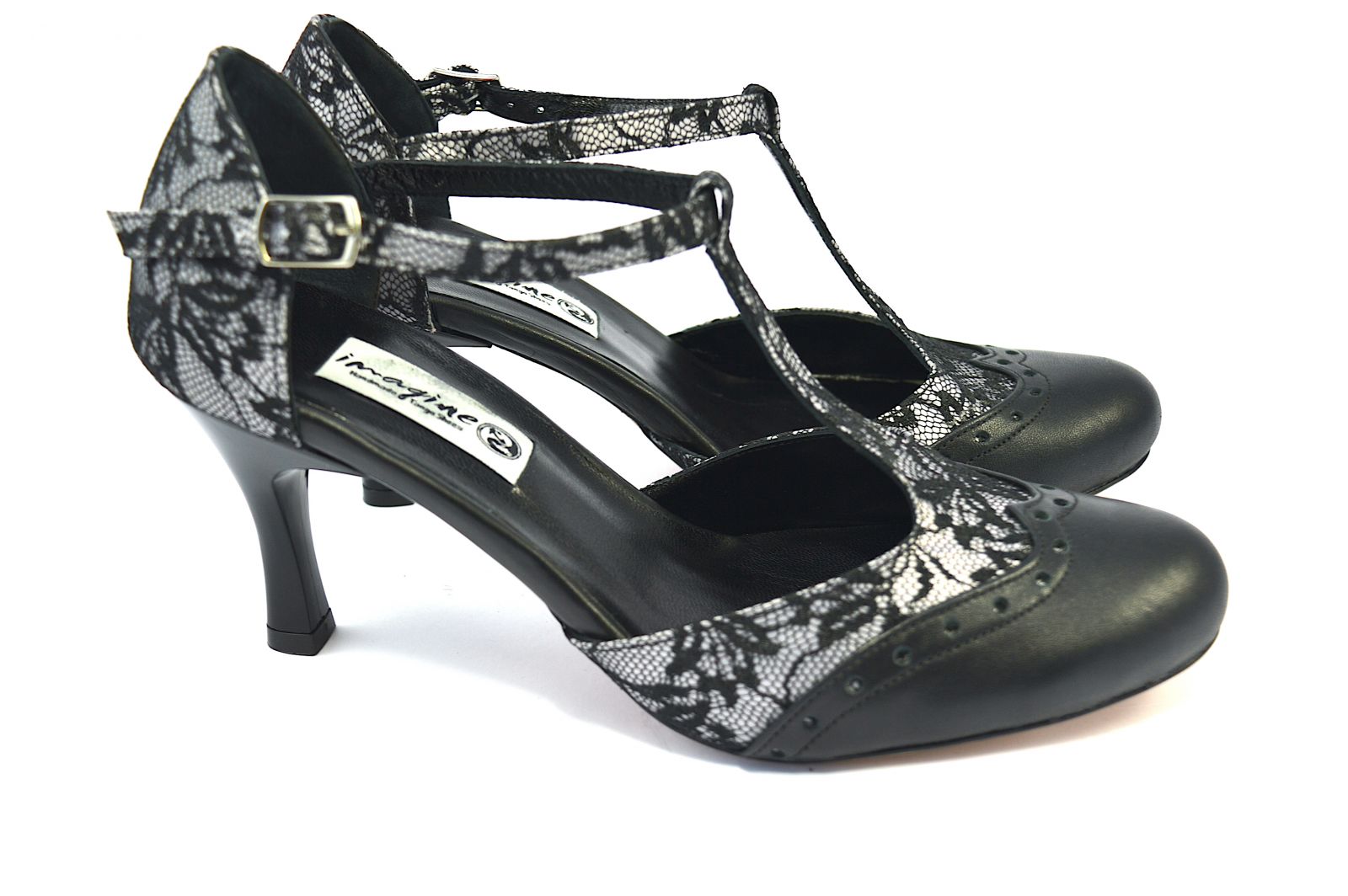 Women's Tango Shoe, closed toe style, with black lace and black soft leather