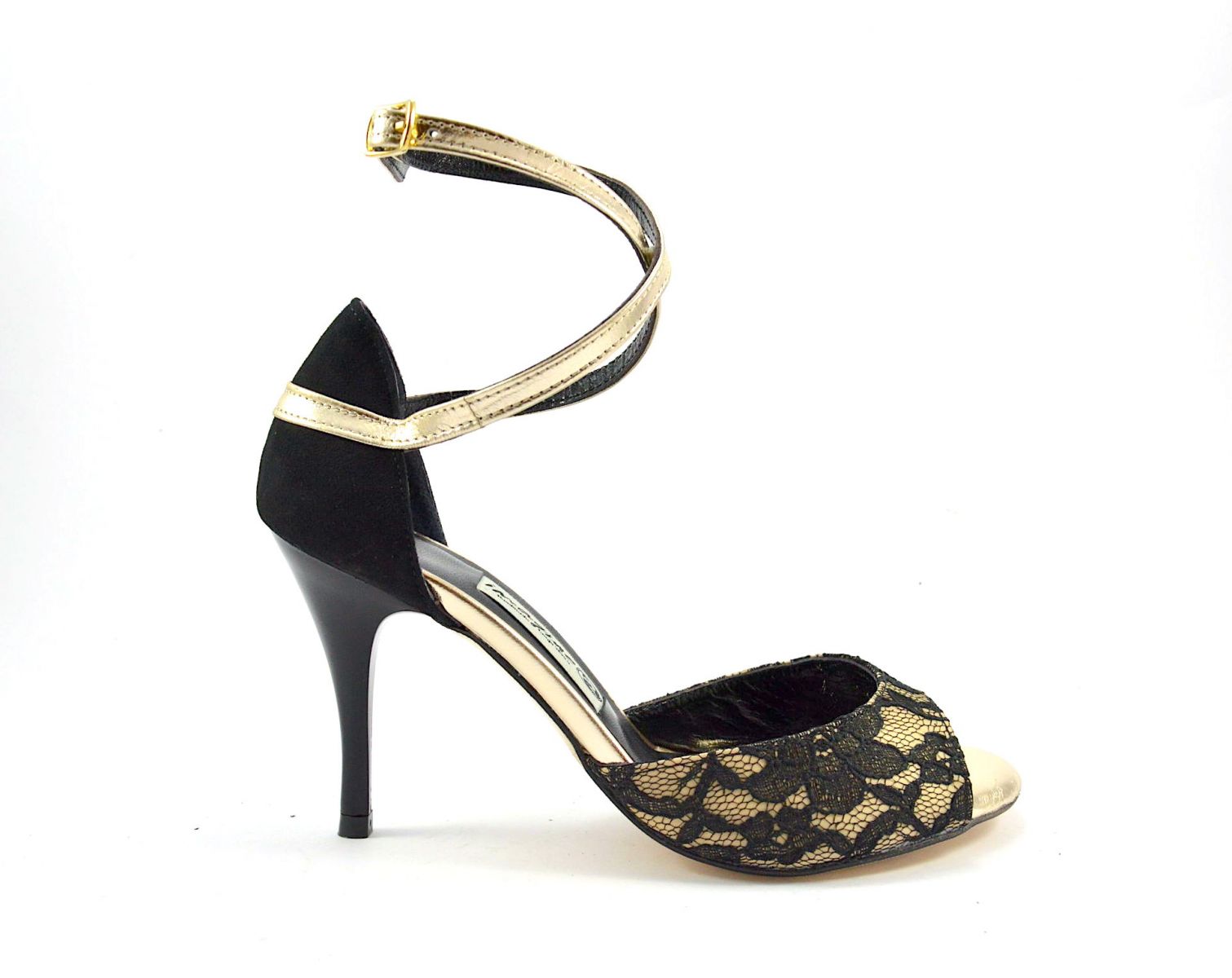 Γυναικείο παπούτσι tango από μαύρη δαντέλα, μαύρο σουέτ και χρυσό δέρμα