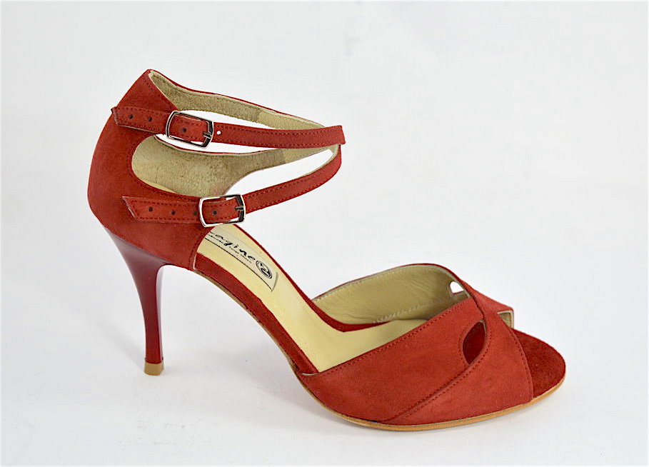 Women argentine tango dance shoes, peep toe style, red suede
