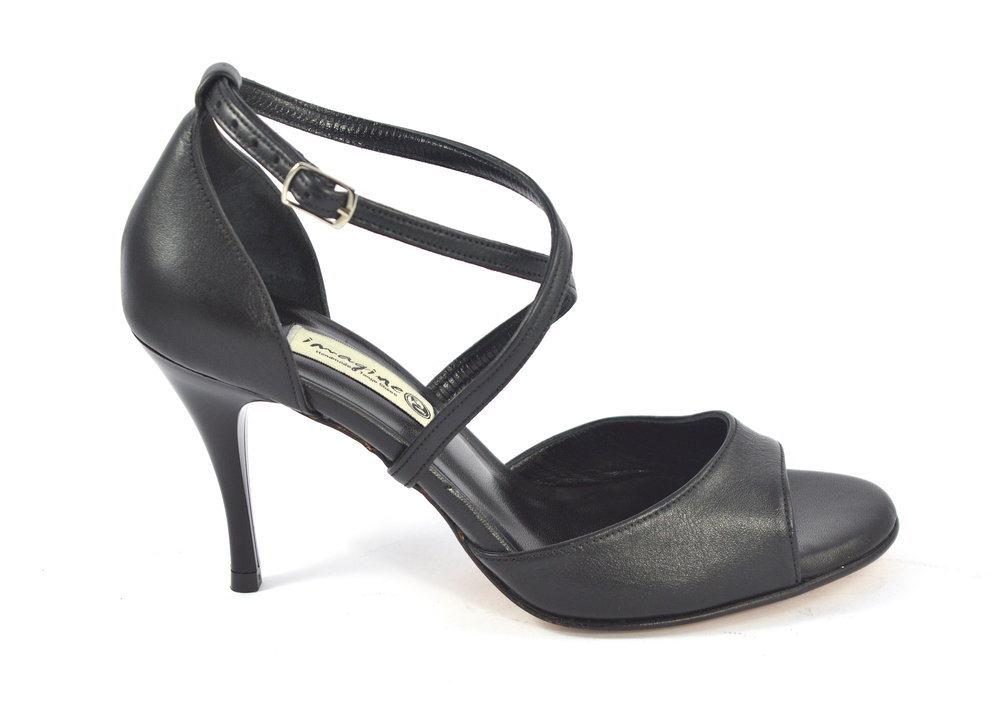 Women's Tango Shoe, open toe style, with black soft leather