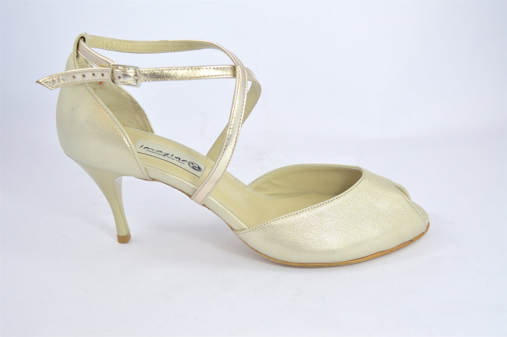 Women's Tango Shoe, peep toe style, pearl gold soft leather
