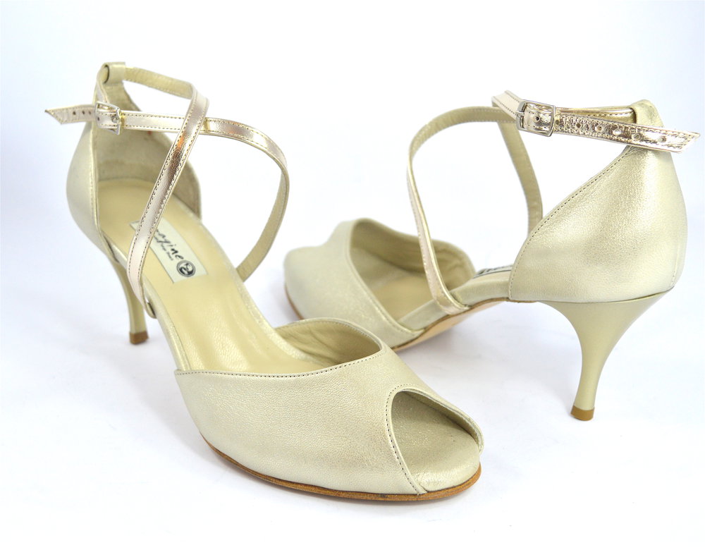 Women's Tango Shoe, peep toe style, pearl gold soft leather