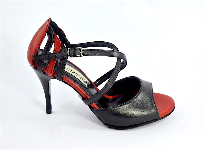 omen's Tango Shoe, open toe style, with black and red soft leather