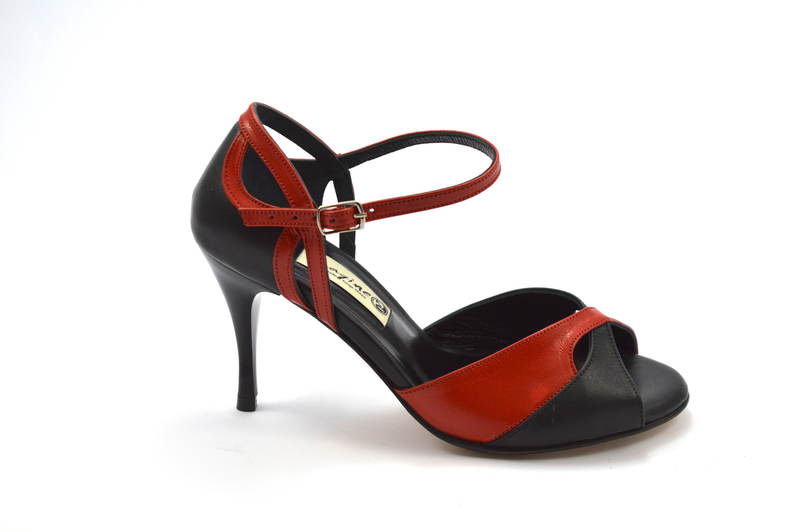 Women's Tango Shoe, peep toe style, black and red soft leather