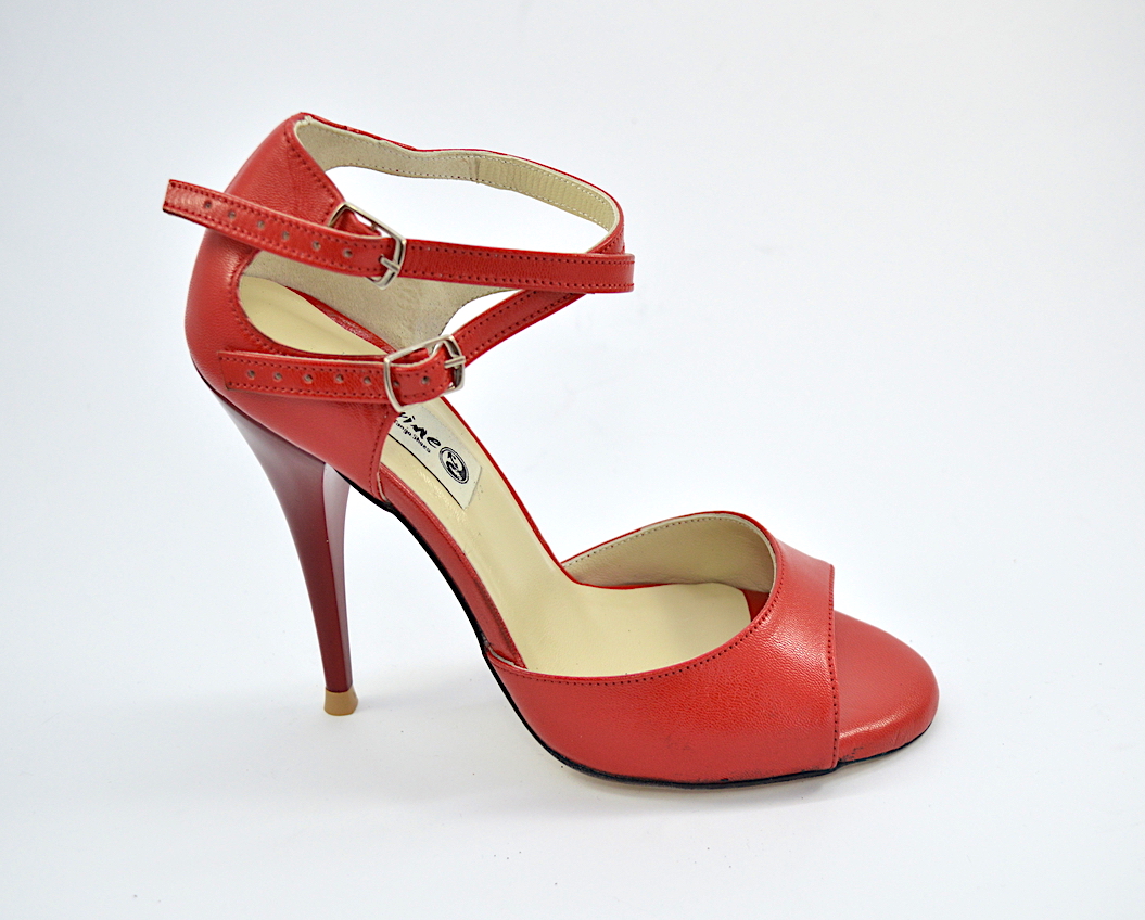 women Tango Shoe , open toe style, red soft leather and double straps 