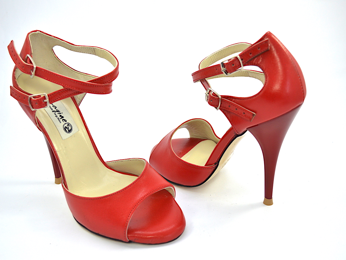 women Tango Shoe , open toe style, red soft leather and double straps 