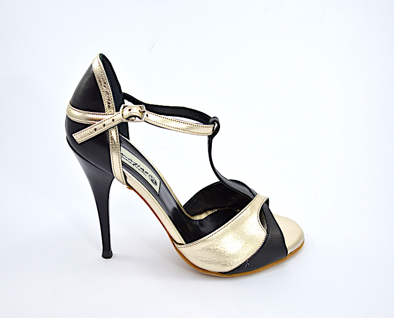 Γυναικείο παπούτσι tango peep toe από μαύρο και χρυσό μαλακό δέρμα