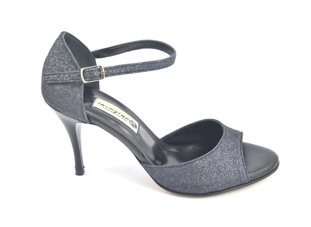 Women Tango Shoe , open toe style, black glitter and leather with 8,5cm heel