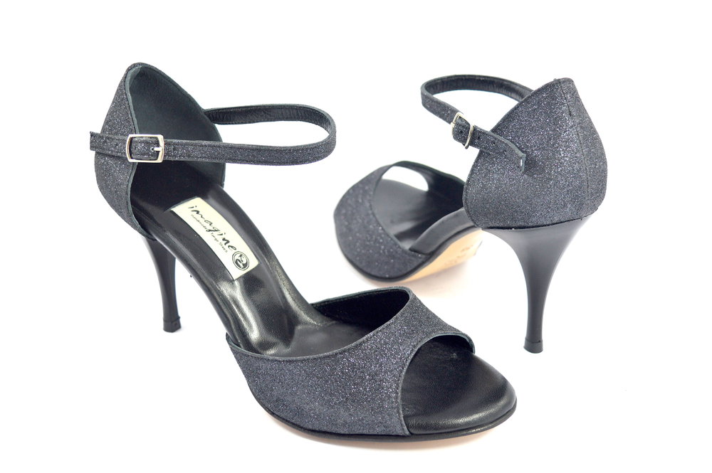 Women Tango Shoe , open toe style, black glitter and leather with 8,5cm heel