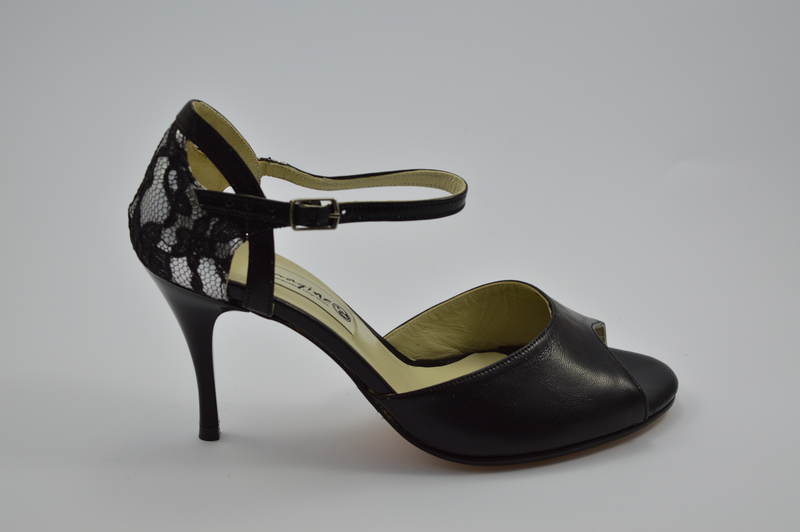Women's Tango Shoe, peep toe style, with black soft leather and black lace