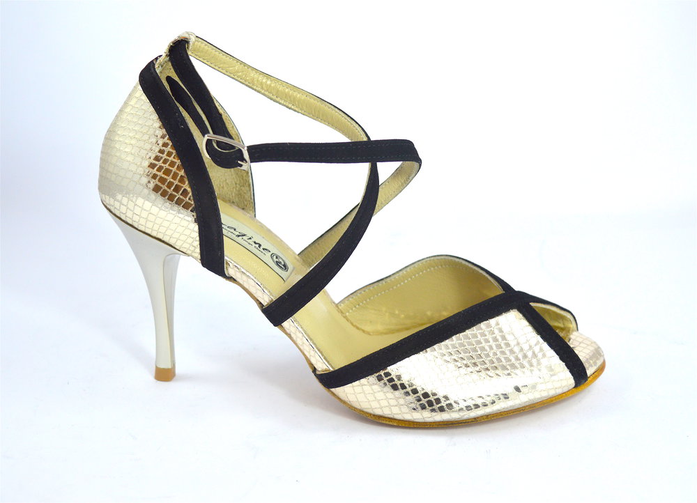 Γυναικείο παπούτσι tango peep toe από χρυσό φίδι και μαύρο σουέτ δέρμα