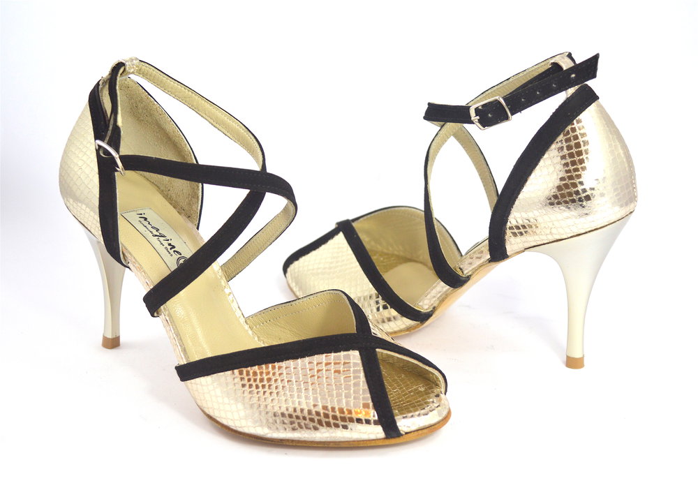 Women's Tango Shoe, peep toe style, gold snake and black suede leather straps