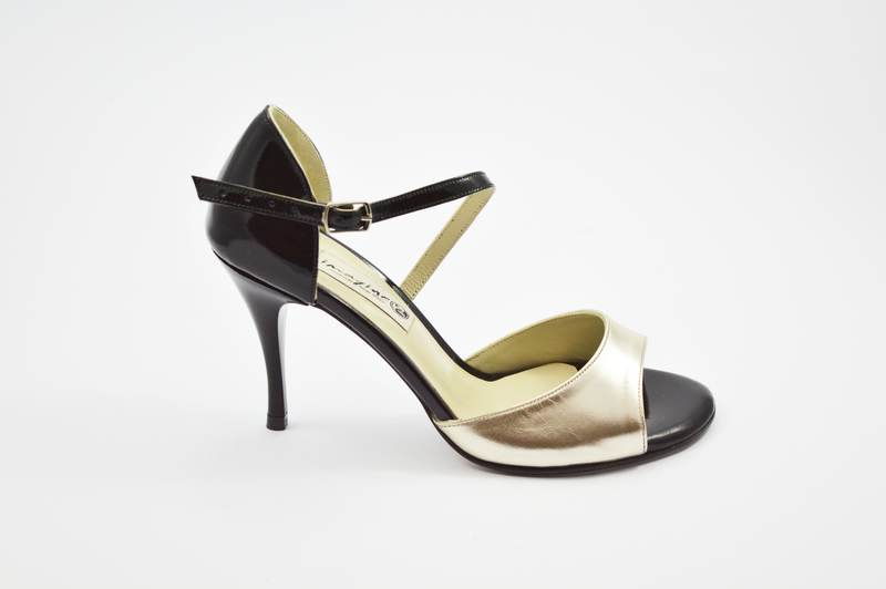 Women's Tango Shoe, open toe style, with black patent and gold leather