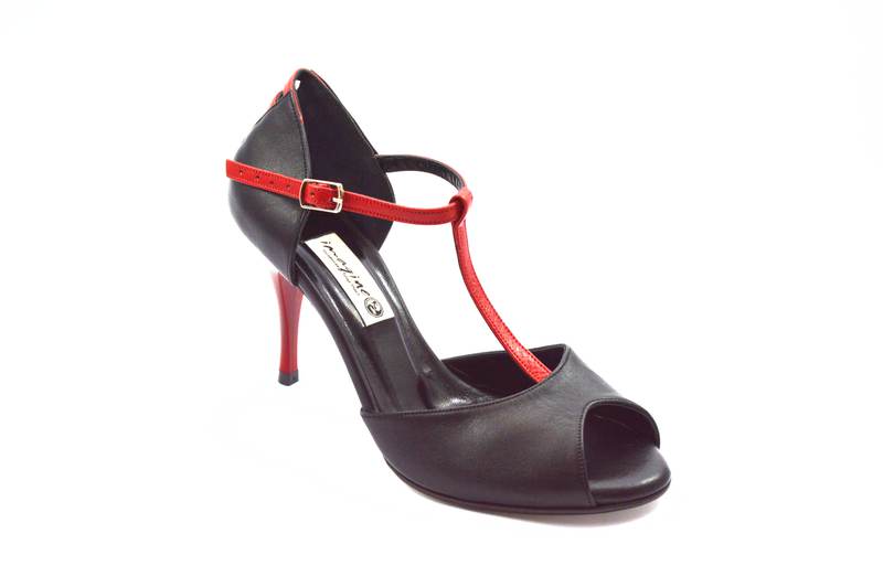 Women's Tango Shoe, peep toe style, with black soft leather and red straps